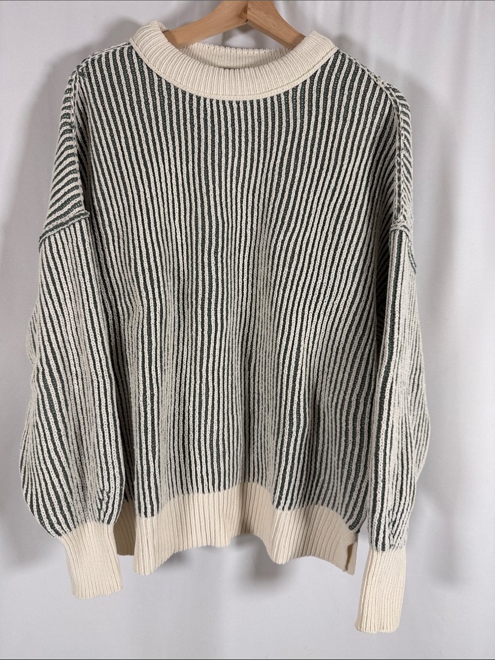 aerie Cream and Dark Green Vertical-Strip Knit Sweater